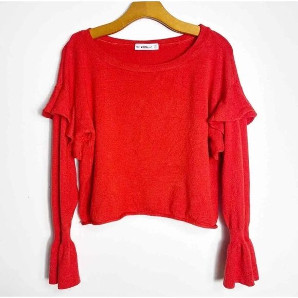Zara Knit EUC Orange Boat Neck Ruffle Bell Sleeve Sweater Size S - Picture 5 of 12